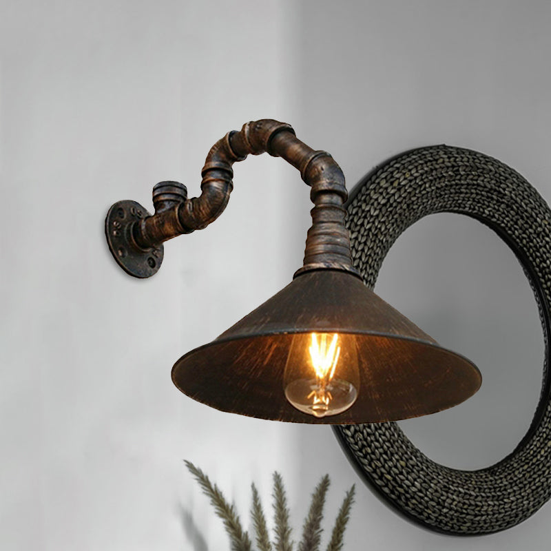 Antique Brass Cone Wall Sconce Farmhouse Style Metallic 1 Head Dining Room Wall Lighting Fixture with Pipe Clearhalo 'Art deco wall lights' 'Cast Iron' 'Glass' 'Industrial wall lights' 'Industrial' 'Middle century wall lights' 'Modern' 'Rustic wall lights' 'Tiffany' 'Traditional wall lights' 'Wall Lamps & Sconces' 'Wall Lights' Lighting' 980642
