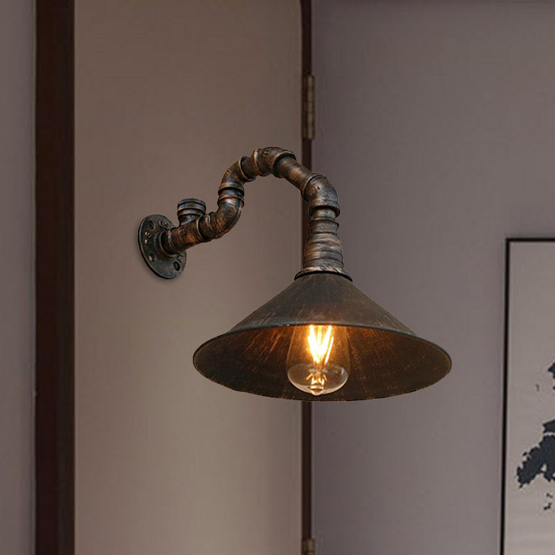 Antique Brass Cone Wall Sconce Farmhouse Style Metallic 1 Head Dining Room Wall Lighting Fixture with Pipe Clearhalo 'Art deco wall lights' 'Cast Iron' 'Glass' 'Industrial wall lights' 'Industrial' 'Middle century wall lights' 'Modern' 'Rustic wall lights' 'Tiffany' 'Traditional wall lights' 'Wall Lamps & Sconces' 'Wall Lights' Lighting' 980643