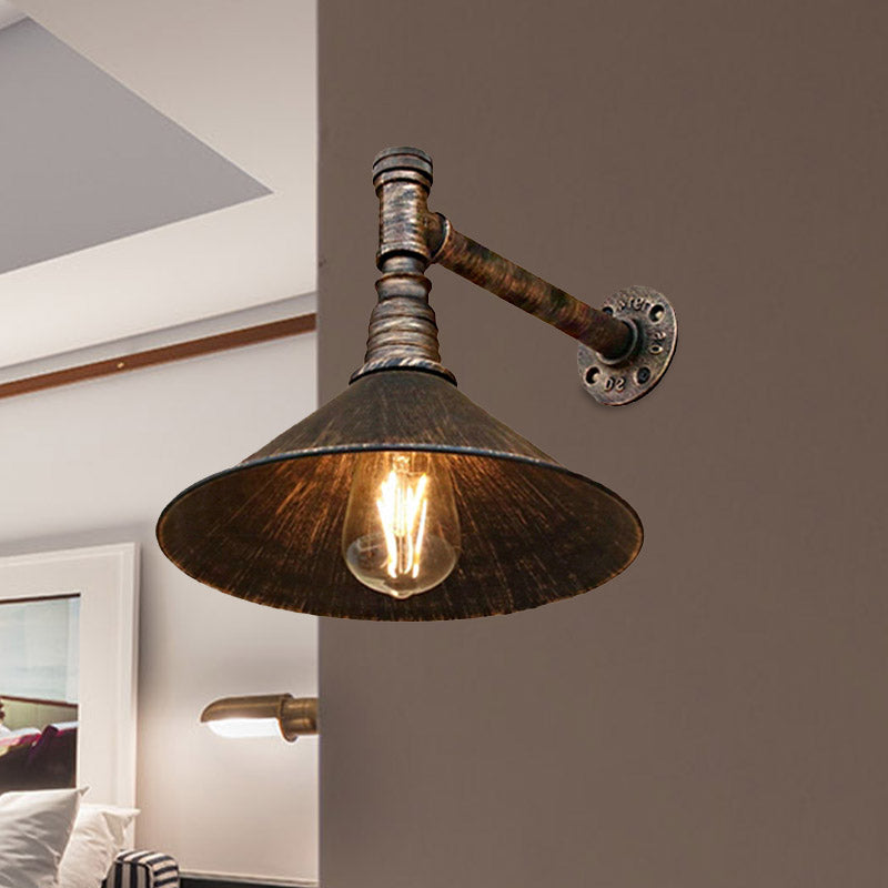 Antique Brass Cone Wall Sconce Farmhouse Style Metallic 1 Head Dining Room Wall Lighting Fixture with Pipe Clearhalo 'Art deco wall lights' 'Cast Iron' 'Glass' 'Industrial wall lights' 'Industrial' 'Middle century wall lights' 'Modern' 'Rustic wall lights' 'Tiffany' 'Traditional wall lights' 'Wall Lamps & Sconces' 'Wall Lights' Lighting' 980644