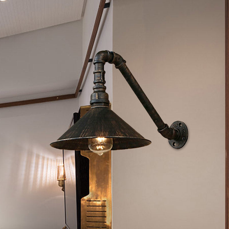 Antique Brass Cone Wall Sconce Farmhouse Style Metallic 1 Head Dining Room Wall Lighting Fixture with Pipe Clearhalo 'Art deco wall lights' 'Cast Iron' 'Glass' 'Industrial wall lights' 'Industrial' 'Middle century wall lights' 'Modern' 'Rustic wall lights' 'Tiffany' 'Traditional wall lights' 'Wall Lamps & Sconces' 'Wall Lights' Lighting' 980646