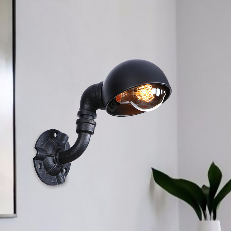 Dome Shade Iron Wall Light Fixture Industrial 1 Light Bedroom Sconce Light with Pipe Design in Black Clearhalo 'Art deco wall lights' 'Cast Iron' 'Glass' 'Industrial wall lights' 'Industrial' 'Middle century wall lights' 'Modern' 'Rustic wall lights' 'Tiffany' 'Traditional wall lights' 'Wall Lamps & Sconces' 'Wall Lights' Lighting' 980666