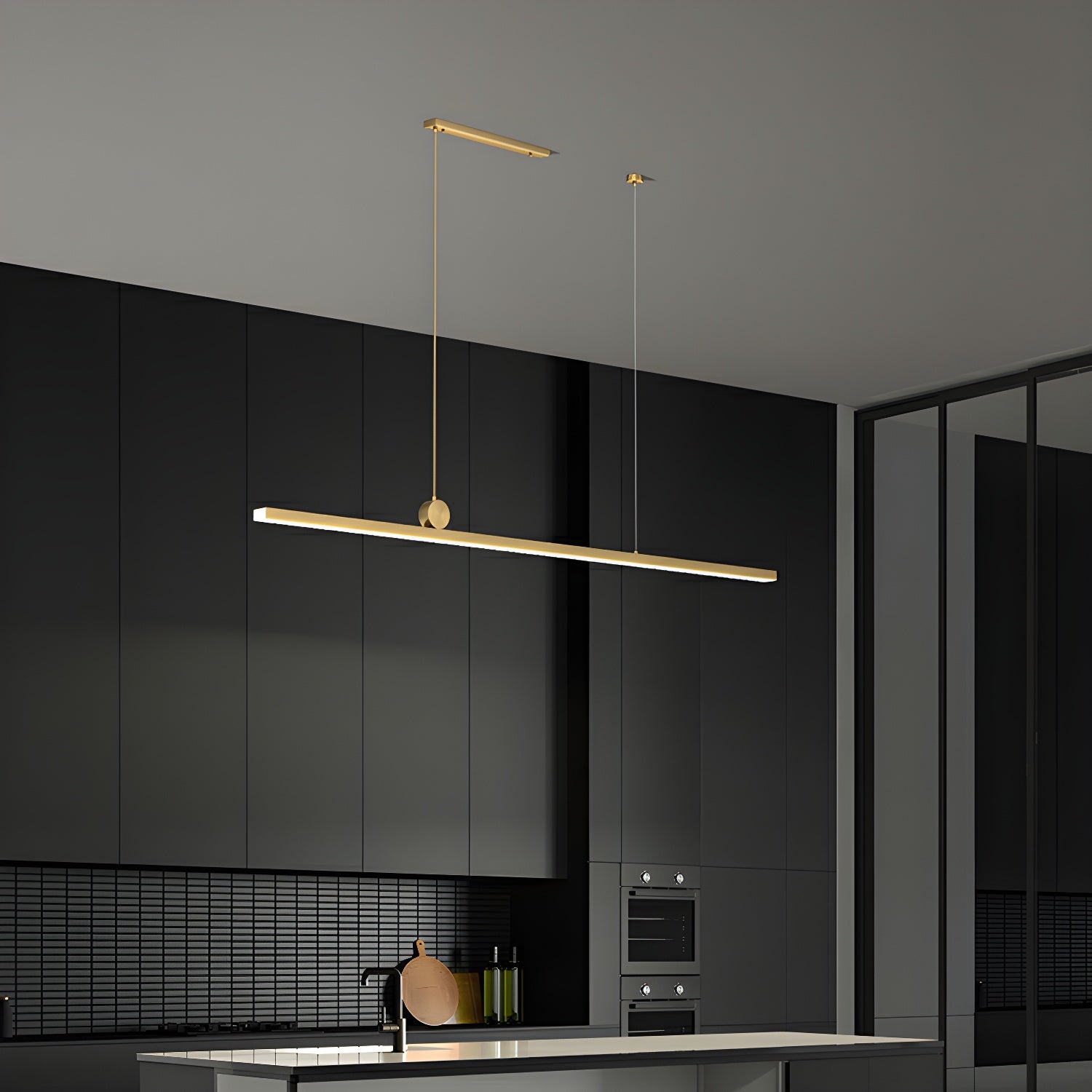 Modern Brass Island Light - Rectangular Acrylic Shade, LED Bulbs, Adjustable Hanging