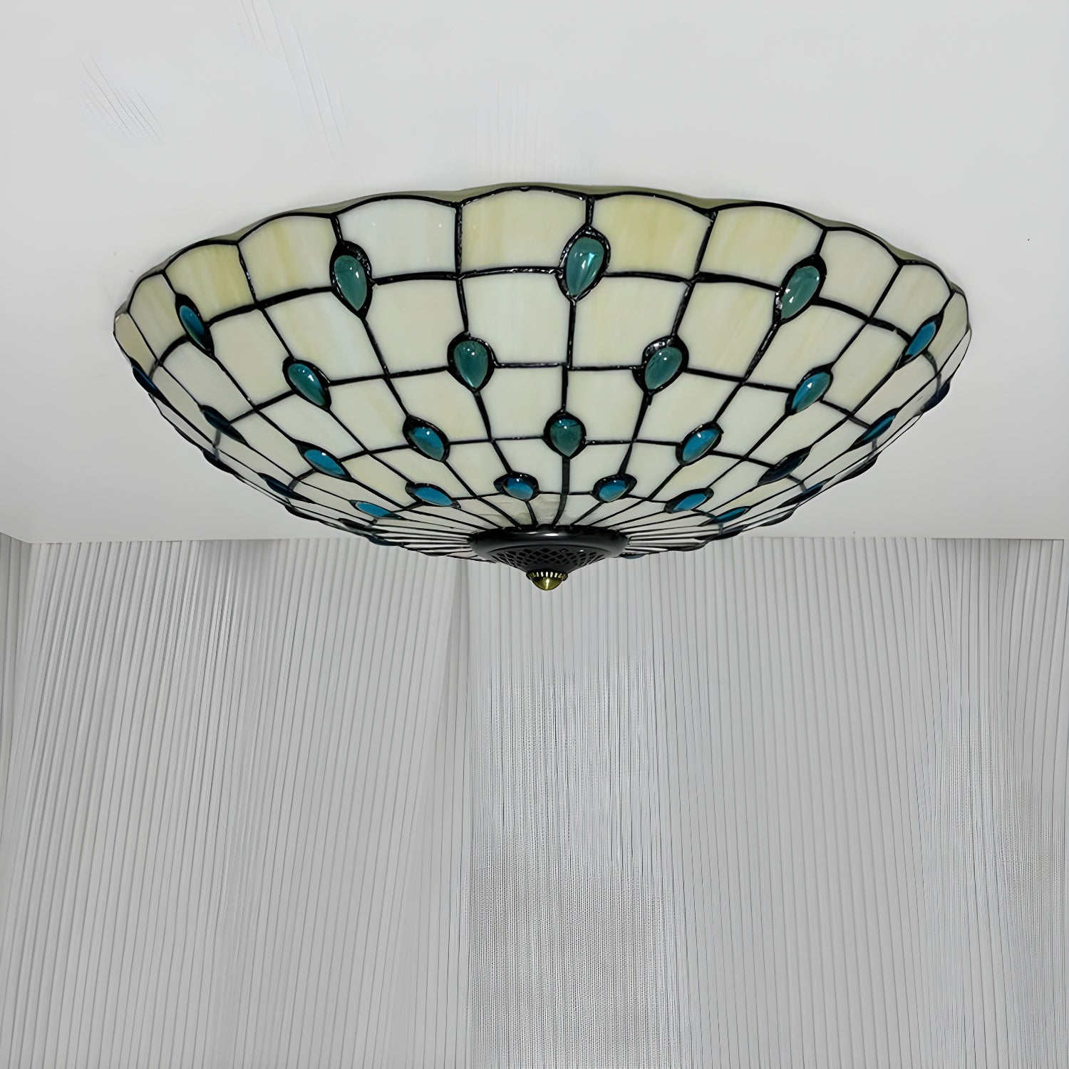 Tiffany Style Metal Flush Mount Ceiling Light with White Glass Shade