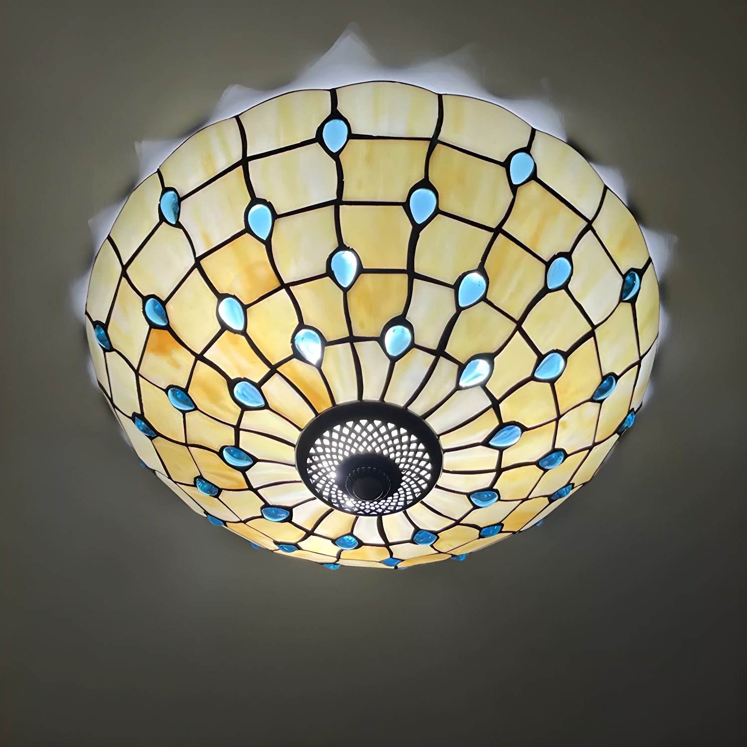 Tiffany Style Metal Flush Mount Ceiling Light with White Glass Shade