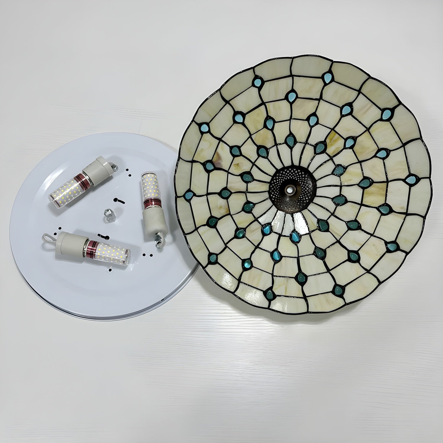 Tiffany Style Metal Flush Mount Ceiling Light with White Glass Shade