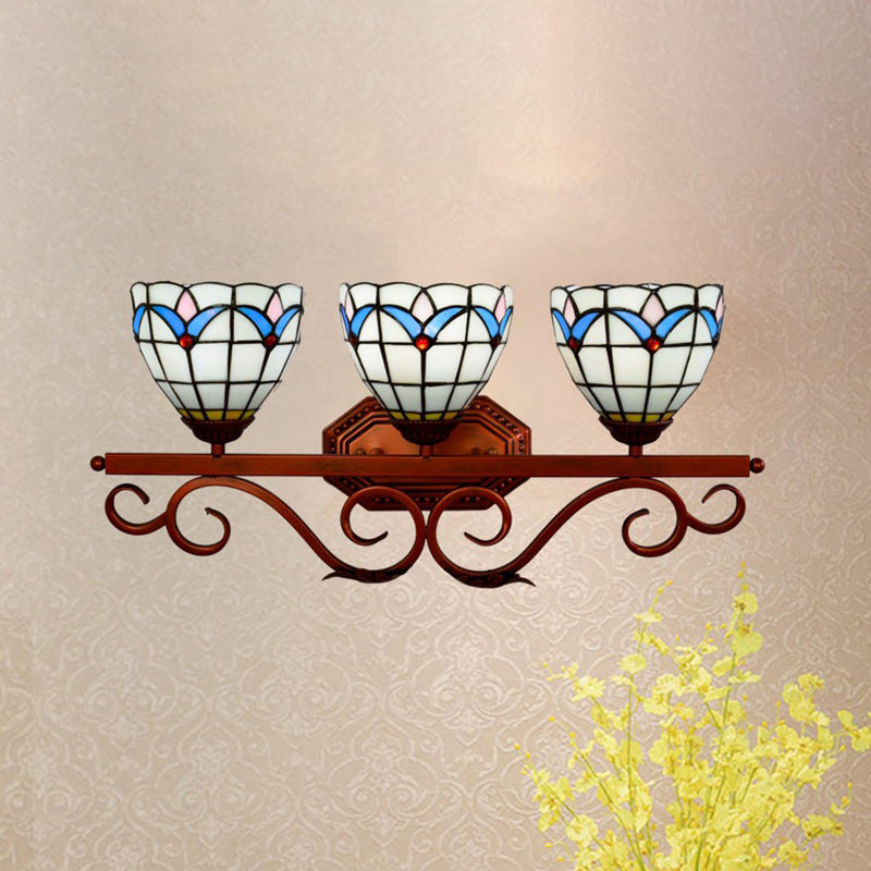 Bell/Pyramid Shaped Wall Light Fixture Mission Stained Glass 3 Heads Blue/Green Vanity Lighting Clearhalo 'Art deco wall lights' 'Cast Iron' 'Glass' 'Industrial' 'Middle century wall lights' 'Modern' 'Tiffany wall lights' 'Tiffany' 'Traditional wall lights' 'Wall Lamps & Sconces' 'Wall Lights' Lighting' 982475