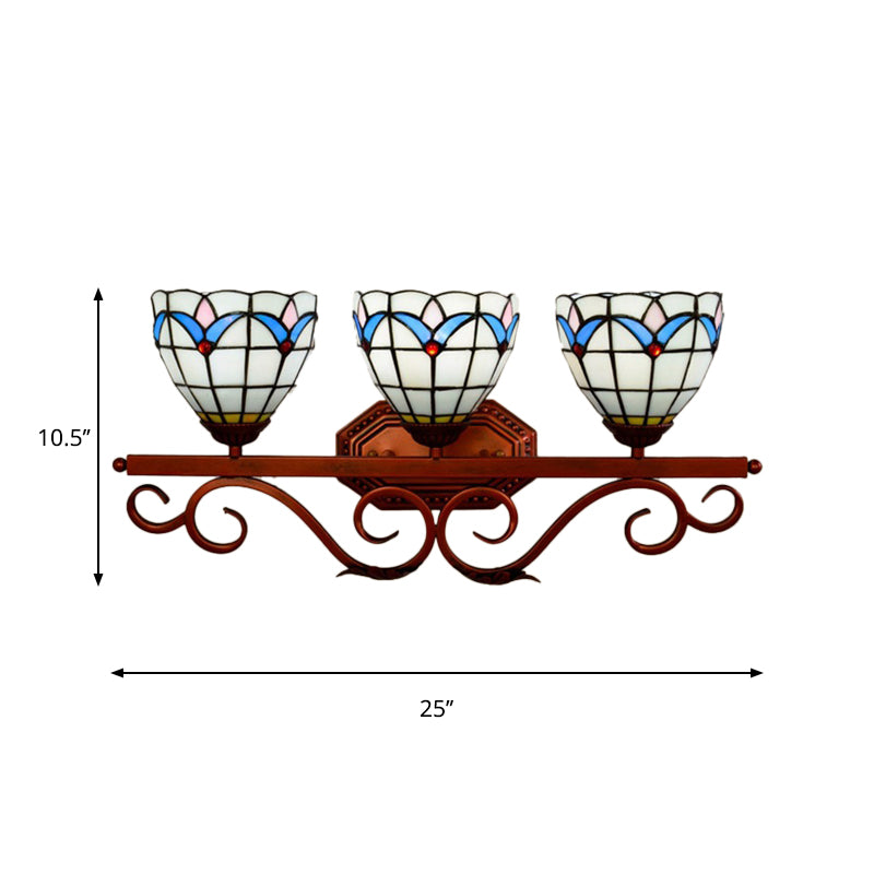 Bell/Pyramid Shaped Wall Light Fixture Mission Stained Glass 3 Heads Blue/Green Vanity Lighting Clearhalo 'Art deco wall lights' 'Cast Iron' 'Glass' 'Industrial' 'Middle century wall lights' 'Modern' 'Tiffany wall lights' 'Tiffany' 'Traditional wall lights' 'Wall Lamps & Sconces' 'Wall Lights' Lighting' 982477