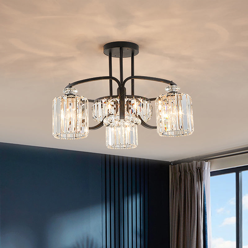4/8 Heads Dining Room Semi Mount Lighting Modern Black Ceiling Lamp Fixture with Cylindrical Clear Crystal Block Shade 4 Clear Clearhalo 'Ceiling Lights' 'Close To Ceiling Lights' 'Close to ceiling' 'Semi-flushmount' Lighting' 982535