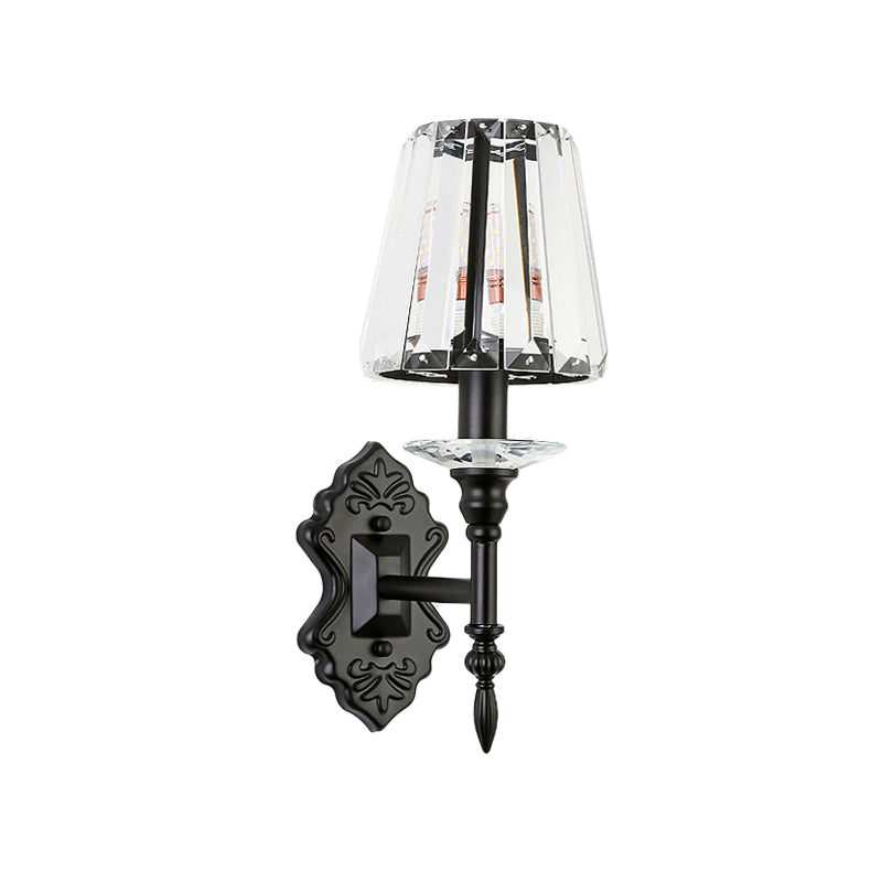 1/2-Light Bedside Wall Lighting Modernism Black Wall Mounted Lamp with Conic Crystal Block Shade Clearhalo 'Cast Iron' 'Glass' 'Industrial' 'Modern wall lights' 'Modern' 'Tiffany' 'Traditional wall lights' 'Wall Lamps & Sconces' 'Wall Lights' Lighting' 982610