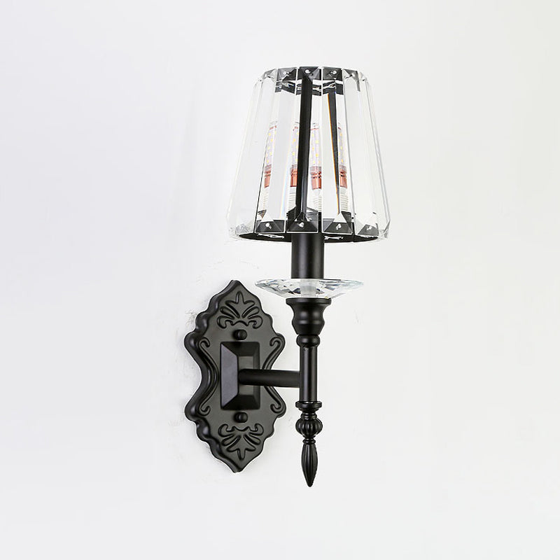 1/2-Light Bedside Wall Lighting Modernism Black Wall Mounted Lamp with Conic Crystal Block Shade Clearhalo 'Cast Iron' 'Glass' 'Industrial' 'Modern wall lights' 'Modern' 'Tiffany' 'Traditional wall lights' 'Wall Lamps & Sconces' 'Wall Lights' Lighting' 982611