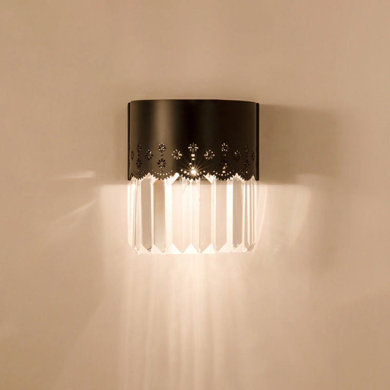 Black Half-Cylinder Wall Sconce Lighting Simple 1 Head Crystal Block Wall Lamp Fixture for Bedside Clearhalo 'Cast Iron' 'Glass' 'Industrial' 'Modern wall lights' 'Modern' 'Tiffany' 'Traditional wall lights' 'Wall Lamps & Sconces' 'Wall Lights' Lighting' 982641