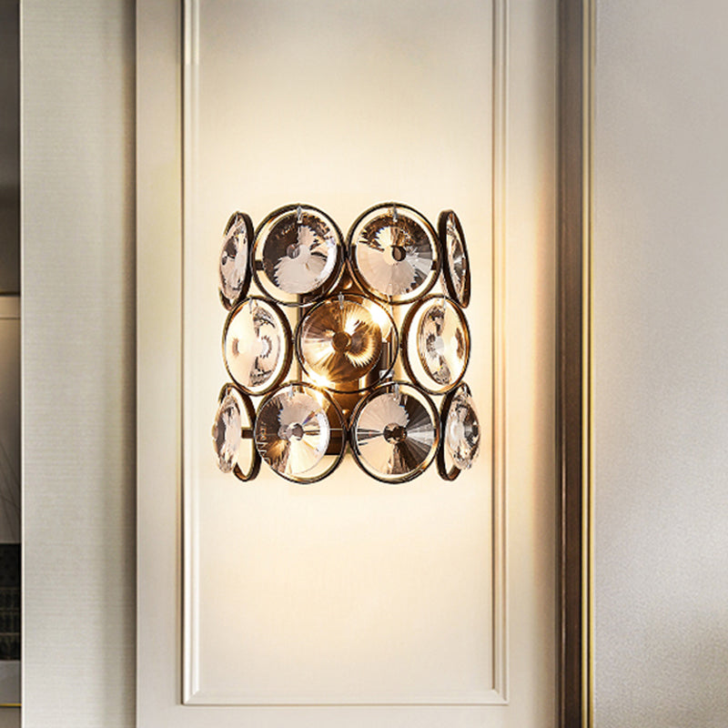 Half Cylinder Sconce Lighting Modernist Crystal 2-Head Living Room Wall Lamp Fixture in Black Black Clearhalo 'Cast Iron' 'Glass' 'Industrial' 'Modern wall lights' 'Modern' 'Tiffany' 'Traditional wall lights' 'Wall Lamps & Sconces' 'Wall Lights' Lighting' 982643