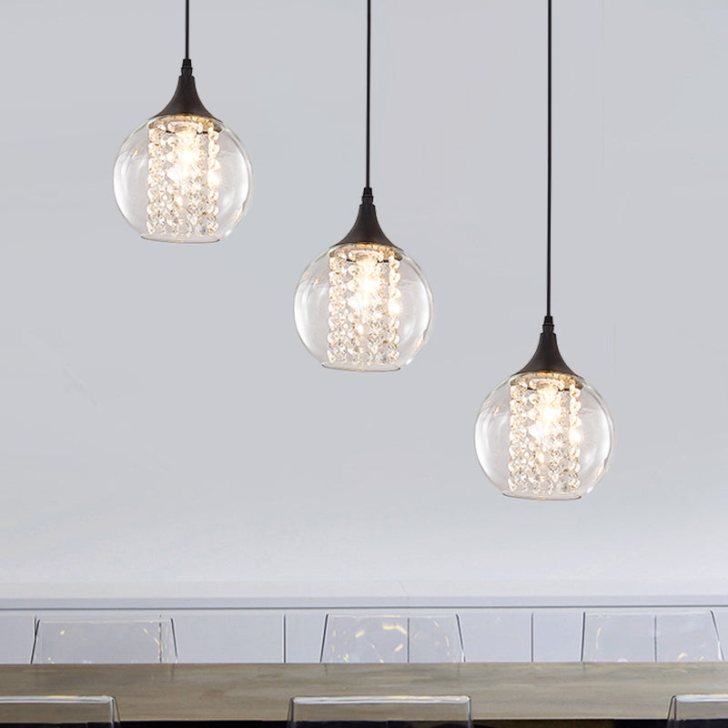 Simple Style Globe Multi Ceiling Light Clear Glass 3 Bulbs Dining Room Hanging Lamp in Black, Round/Linear Canopy Black Linear Clearhalo 'Ceiling Lights' 'Glass shade' 'Glass' 'Modern Pendants' 'Modern' 'Pendant Lights' 'Pendants' Lighting' 982667