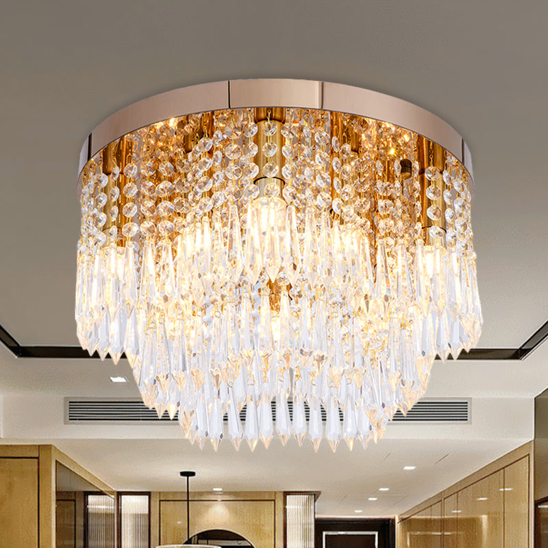 Layered Crystal Fringe Floral Flushmount Contemporary 10 Bulbs Dining Room Ceiling Mount Light in Gold Clearhalo 'Ceiling Lights' 'Close To Ceiling Lights' 'Close to ceiling' 'Flush mount' Lighting' 982935