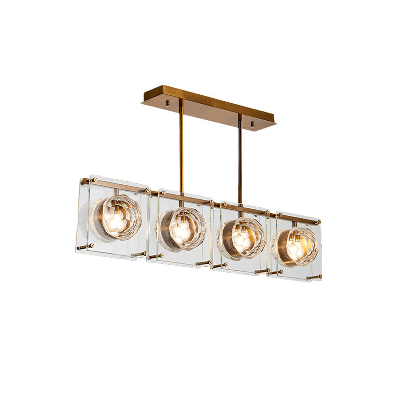 Rectangular Kitchen Island Light Postmodern Clear Crystal 3/4 Heads Gold Hanging Lamp Kit Clearhalo 'Ceiling Lights' 'Island Lights' Lighting' 983052