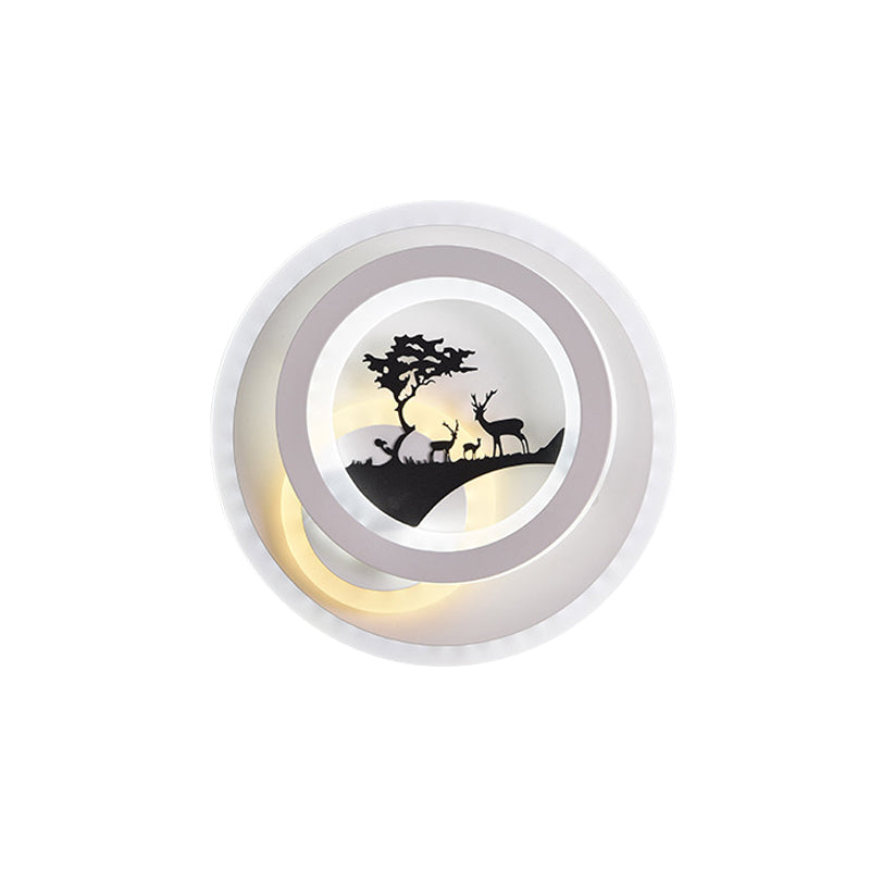 White Circular Wall Lighting Idea Simplicity LED Acrylic Sconce Light Fixture with Tree and Elk Decoration for Bedroom Clearhalo 'Cast Iron' 'Glass' 'Industrial' 'Modern wall lights' 'Modern' 'Tiffany' 'Traditional wall lights' 'Wall Lamps & Sconces' 'Wall Lights' Lighting' 983269