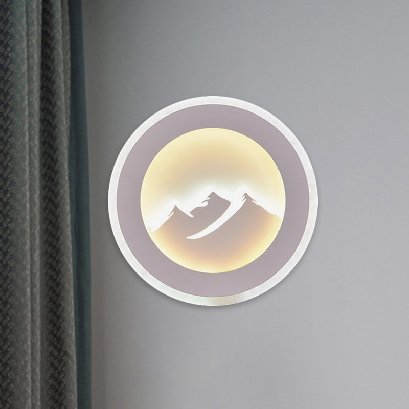 Contemporary Round Wall Lighting Fixture Acrylic LED Bedroom Sconce Light with Mountain Pattern in White Clearhalo 'Cast Iron' 'Glass' 'Industrial' 'Modern wall lights' 'Modern' 'Tiffany' 'Traditional wall lights' 'Wall Lamps & Sconces' 'Wall Lights' Lighting' 983276