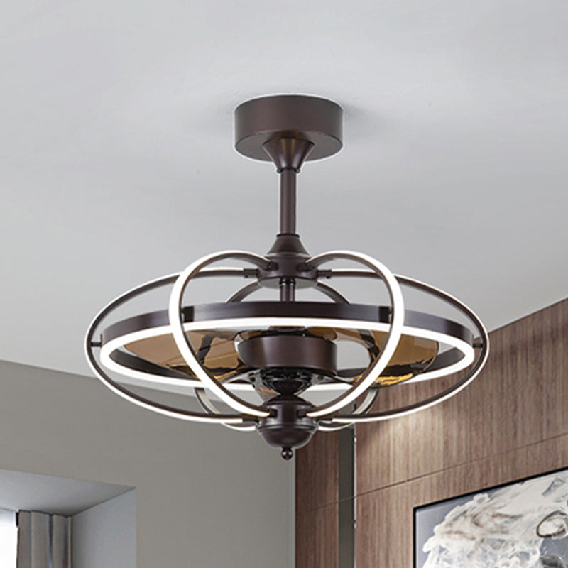 Silver/White/Gold Oval Cage Semi Flush Mount Simplicity LED Silicone Hanging Fan Light with 3 Brown Blades, 19.5" H Clearhalo 'Ceiling Fans with Lights' 'Ceiling Fans' 'Modern Ceiling Fans' 'Modern' Lighting' 983306