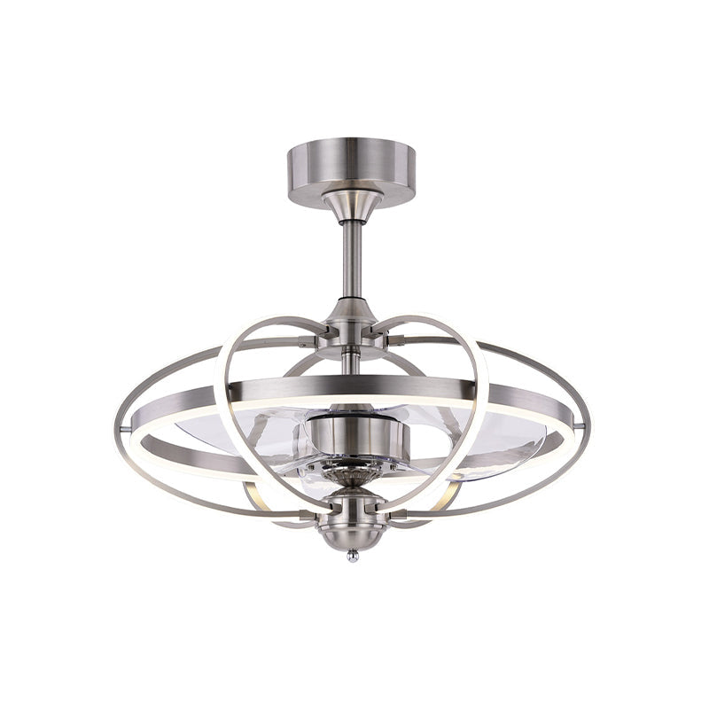 Silver/White/Gold Oval Cage Semi Flush Mount Simplicity LED Silicone Hanging Fan Light with 3 Brown Blades, 19.5" H Clearhalo 'Ceiling Fans with Lights' 'Ceiling Fans' 'Modern Ceiling Fans' 'Modern' Lighting' 983316