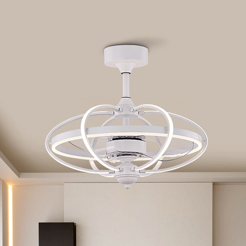 Silver/White/Gold Oval Cage Semi Flush Mount Simplicity LED Silicone Hanging Fan Light with 3 Brown Blades, 19.5" H Clearhalo 'Ceiling Fans with Lights' 'Ceiling Fans' 'Modern Ceiling Fans' 'Modern' Lighting' 983318