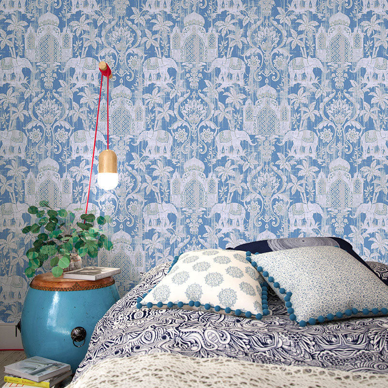 Elephant and Building Wallpaper Roll Vinyl Wall Art for Theme Bedroom, 20.5"W x 33'L Blue Clearhalo 'Wall Decor' 'Wallpaper' 984548