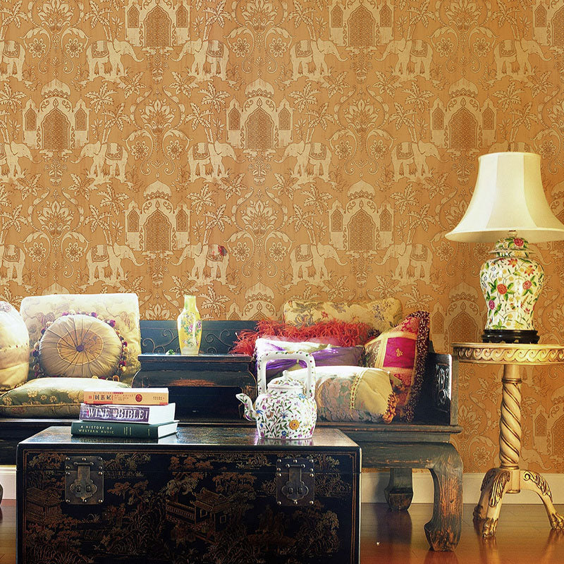 Elephant and Building Wallpaper Roll Vinyl Wall Art for Theme Bedroom, 20.5"W x 33'L Light Yellow Clearhalo 'Wall Decor' 'Wallpaper' 984554