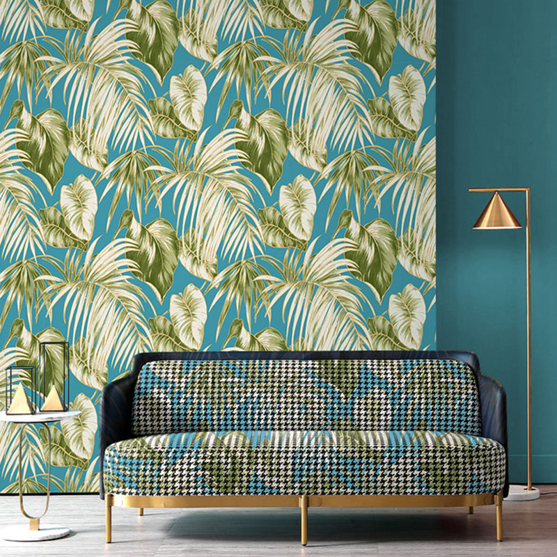 Water-Resistant Banana Leaves Wallpaper Roll 33' x 20.5" Minimalist Wall Art for Thai Restaurant Blue Clearhalo 'Modern wall decor' 'Modern' 'Tropical wall decor' 'Tropical' 'Wallpaper' Wall Decor' 984641