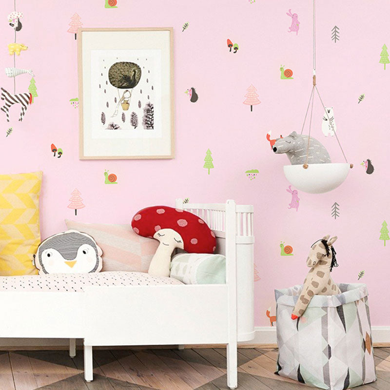 Contemporary Animal Wallpaper Roll for Children's Bedroom with Cartoon Animal Design in Pastel Color Pink Clearhalo 'Wall Decor' 'Wallpaper' 984677