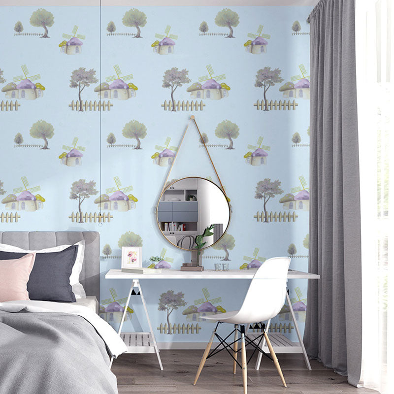Neutral Color Cartoon Mushroom Wallpaper Water-Resistant Wall Covering for Boy's or Girl's Bedroom Light Blue Clearhalo 'Wall Decor' 'Wallpaper' 984706