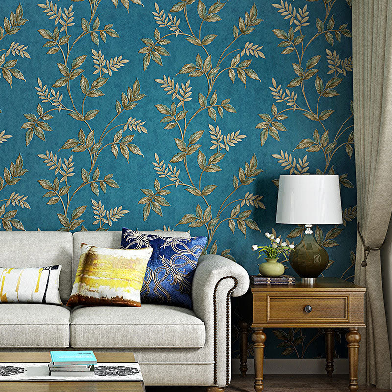 Contemporary Leaves and Stem Wallpaper for Accent Wall, 20.5 in x 33 ft Wall Art in Soft Color Peacock Blue Clearhalo 'Country wall decor' 'Rustic' 'Wallpaper' Wall Decor' 984848