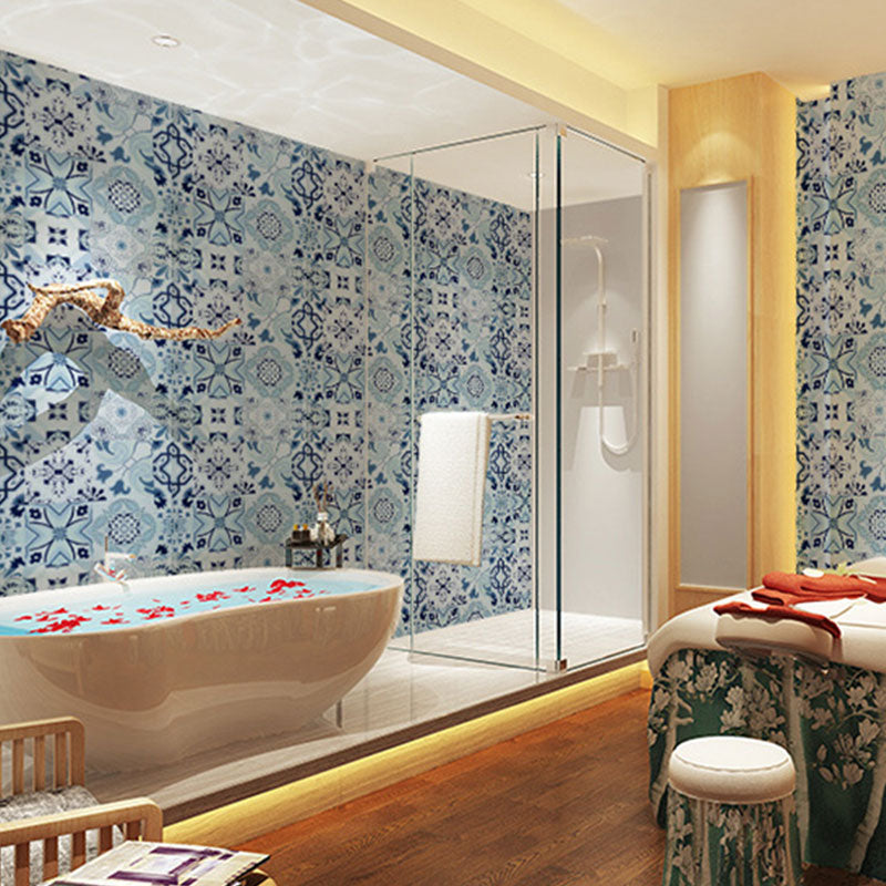 Bohemian Vinyl Wallpaper Roll for Bedroom Decoration with Mosaic Design in Blue, Peel and Stick, 96.8 sq ft. Clearhalo 'Wall Decor' 'Wallpaper' 986573