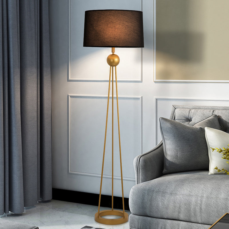 1-Light Living Room Stand Up Lamp Modernist White/Black/Flaxen Tripod Floor Lamp with Drum Fabric Shade Clearhalo 'Floor Lamps' 'Lamps' Lighting' 987729