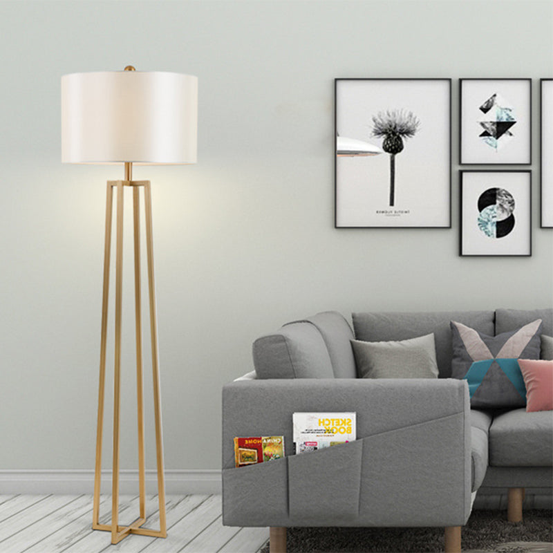 White Fabric Drum Shade Floor Light Modernist 1-Head Quadruped Floor Standing Lamp in Gold White Clearhalo 'Floor Lamps' 'Lamps' Lighting' 987731