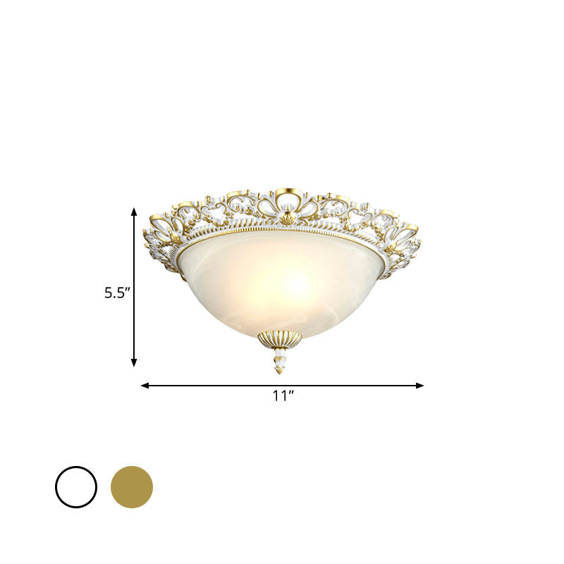 2/3-Light Opal Frosted Glass Flushmount Countryside Brass/White Floral-Trim Dome Hallway Ceiling Lamp, 11"/19.5" Wide Clearhalo 'Ceiling Lights' 'Close To Ceiling Lights' 'Close to ceiling' 'Flush mount' Lighting' 987802