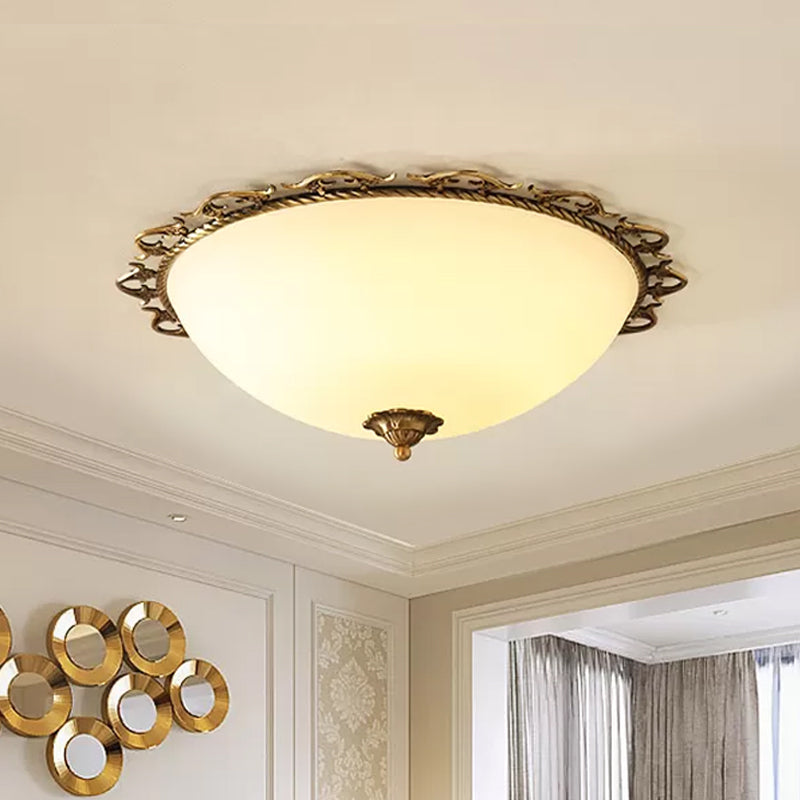 3/5 Bulbs Half-Globe Flush Light Rural Brass Frosted White Glass Ceiling Mount Lamp with Trim 5 Brass Clearhalo 'Ceiling Lights' 'Close To Ceiling Lights' 'Close to ceiling' 'Flush mount' Lighting' 987810
