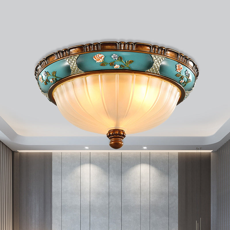 Green 3 Bulbs Ceiling Flush Light Retro Ribbed Glass Embossed Flower Hemispherical Flush Mount Lighting, 15"/19" Wide Green Clearhalo 'Ceiling Lights' 'Close To Ceiling Lights' 'Close to ceiling' 'Flush mount' Lighting' 987839