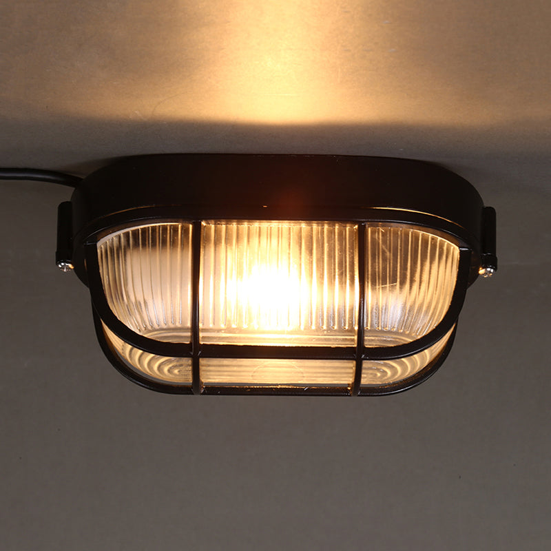 1 Bulb Half-Capsule Mini Flush Light Farmhouse Black Ribbed Glass Ceiling Lamp with Wire Cage Clearhalo 'Ceiling Lights' 'Close To Ceiling Lights' 'Close to ceiling' 'Flush mount' Lighting' 987903