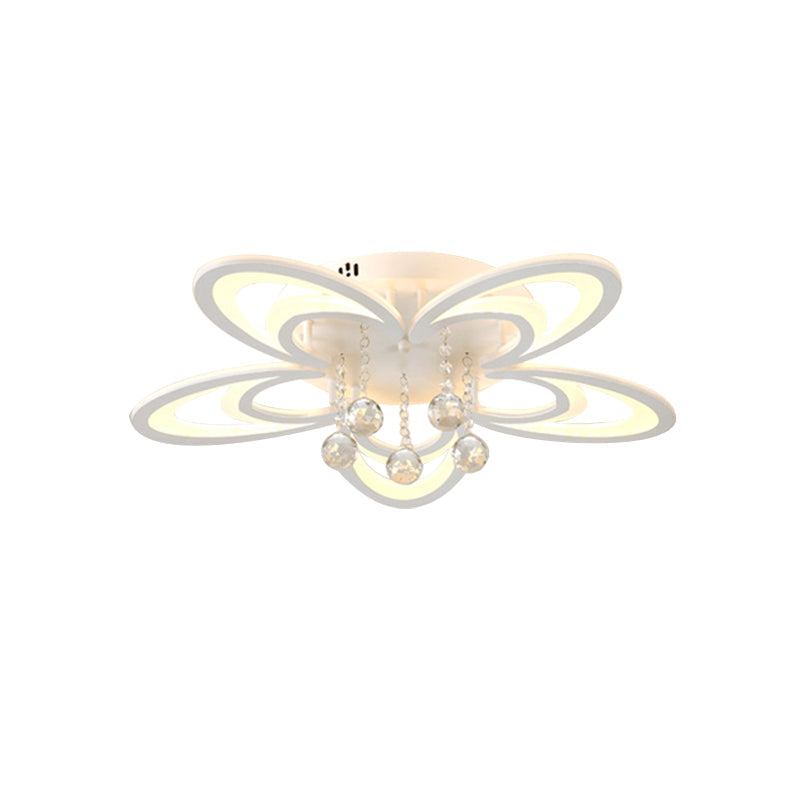 Acrylic Floral Semi Mount Lighting Contemporary LED Flush Ceiling Lamp in White with Crystal Droplet Clearhalo 'Ceiling Lights' 'Close To Ceiling Lights' 'Close to ceiling' 'Semi-flushmount' Lighting' 987976