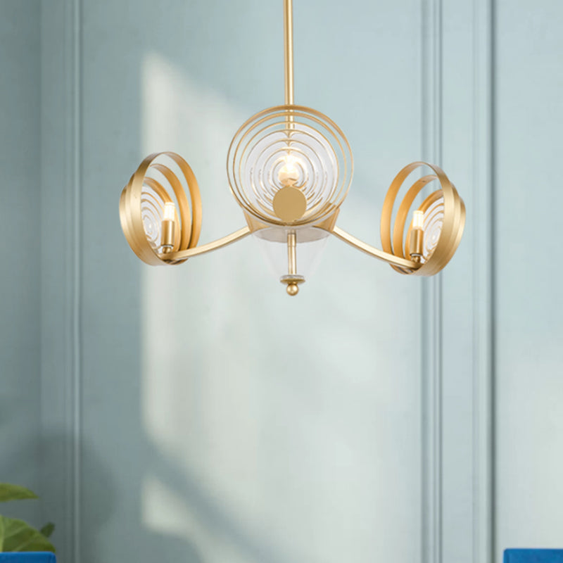 3-Head Crystal Pendant Chandelier Contemporary Gold Swirling Round Living Room Suspension Lamp Clearhalo 'Ceiling Lights' 'Chandeliers' 'Modern Chandeliers' 'Modern' Lighting' 988375