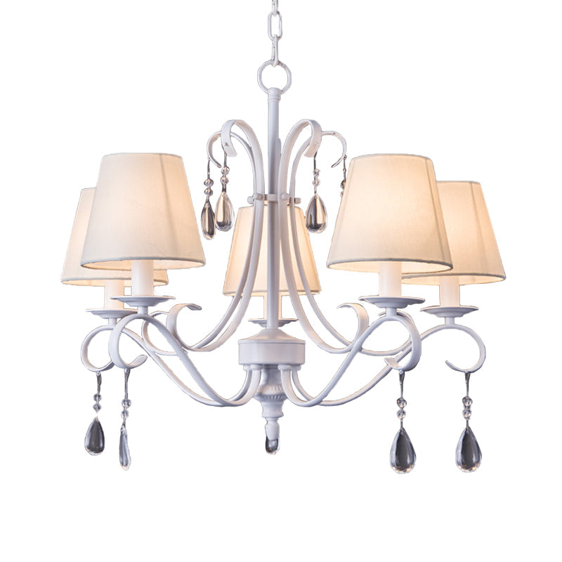 5 Bulbs Hanging Pendant Light Contemporary Fabric Shade Draping Crystal Droplet Ceiling Chandelier for Guest Room in White Clearhalo 'Ceiling Lights' 'Chandeliers' 'Modern Chandeliers' 'Modern' Lighting' 988408