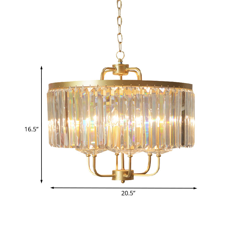 Gold Drum Ceiling Chandelier Contemporary Crystal Block 6-Head Guest Room Suspended Lighting Fixture Clearhalo 'Ceiling Lights' 'Chandeliers' 'Modern Chandeliers' 'Modern' Lighting' 988417
