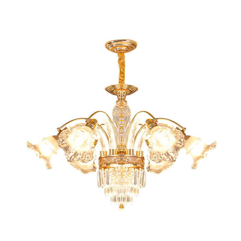Fountain Ceiling Suspension Lamp European 6-Bulb Crystal Flute Chandelier Lighting Fixture in Gold Clearhalo 'Ceiling Lights' 'Chandeliers' 'Modern Chandeliers' 'Modern' Lighting' 988424