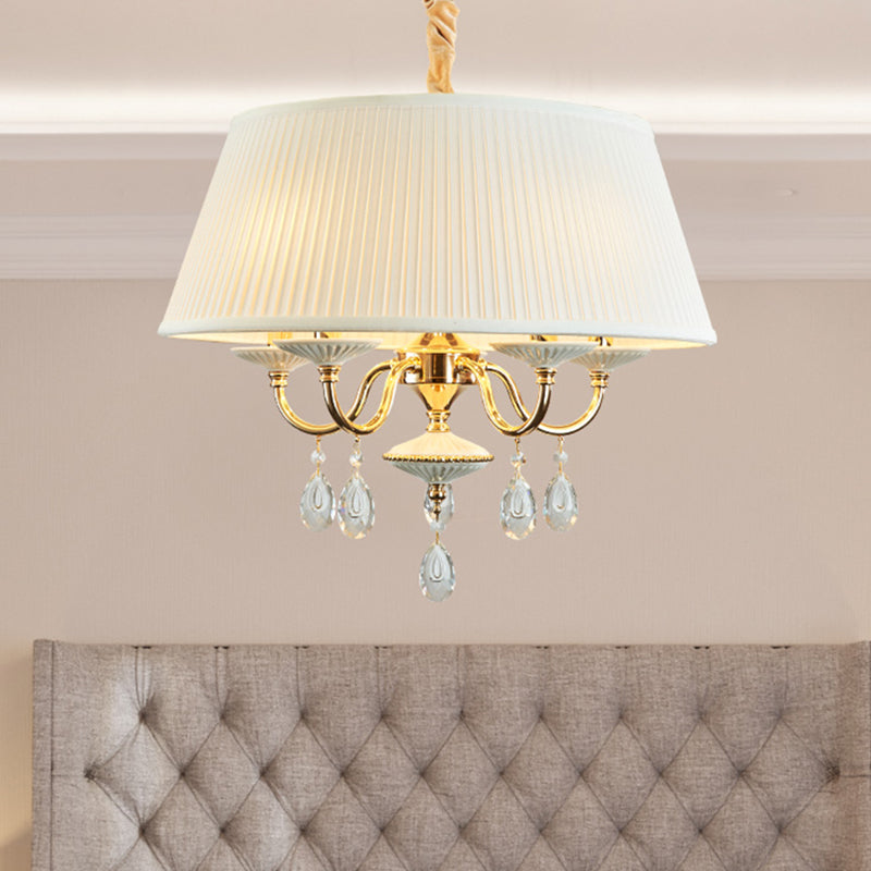 4 Heads Pendant Chandelier Minimalist Drum Plated Fabric Shade Suspension Lamp with Crystal Droplet in White/Grey White Clearhalo 'Ceiling Lights' 'Chandeliers' 'Modern Chandeliers' 'Modern' Lighting' 988426