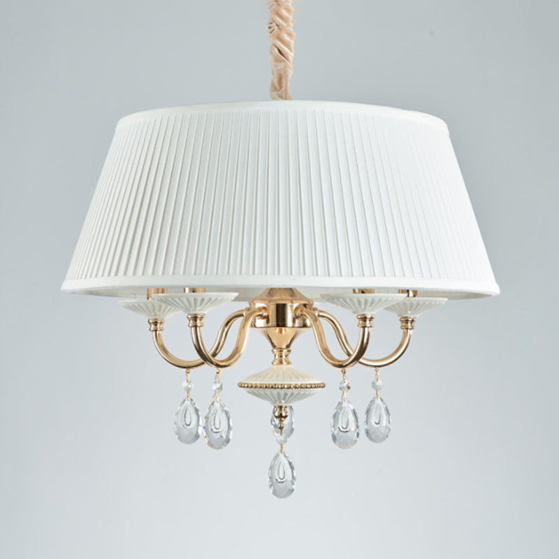 4 Heads Pendant Chandelier Minimalist Drum Plated Fabric Shade Suspension Lamp with Crystal Droplet in White/Grey Clearhalo 'Ceiling Lights' 'Chandeliers' 'Modern Chandeliers' 'Modern' Lighting' 988428