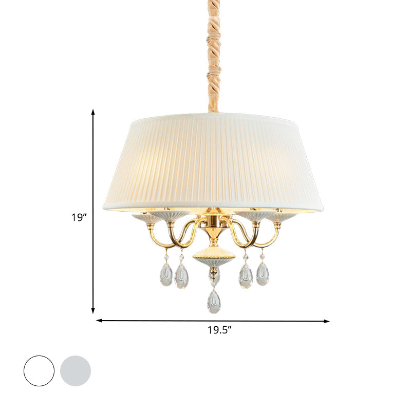 4 Heads Pendant Chandelier Minimalist Drum Plated Fabric Shade Suspension Lamp with Crystal Droplet in White/Grey Clearhalo 'Ceiling Lights' 'Chandeliers' 'Modern Chandeliers' 'Modern' Lighting' 988429