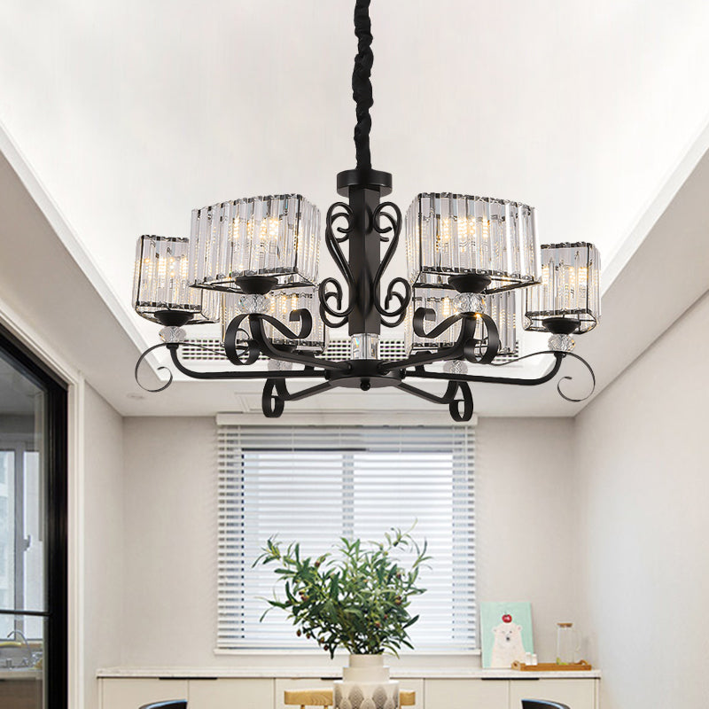 Nordic Trapezoid Chandelier Light Prismatic Optical Crystal 3/6-Head Suspension Lamp in Black 6 Black Clearhalo 'Ceiling Lights' 'Chandeliers' 'Modern Chandeliers' 'Modern' Lighting' 988446