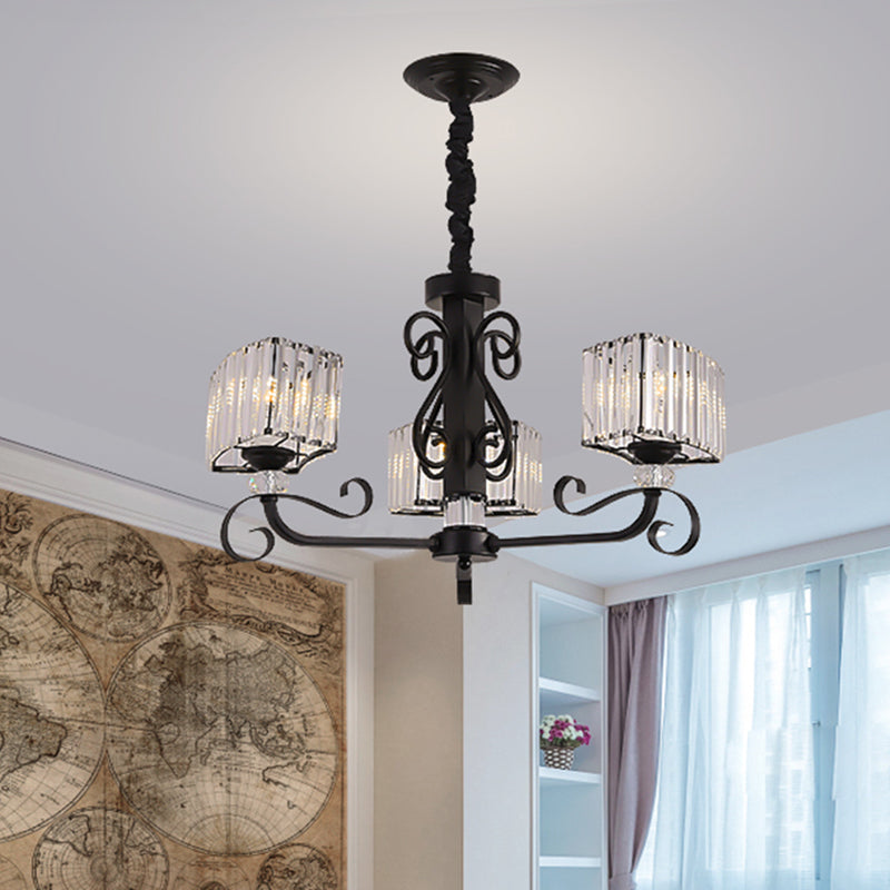 Nordic Trapezoid Chandelier Light Prismatic Optical Crystal 3/6-Head Suspension Lamp in Black Clearhalo 'Ceiling Lights' 'Chandeliers' 'Modern Chandeliers' 'Modern' Lighting' 988451