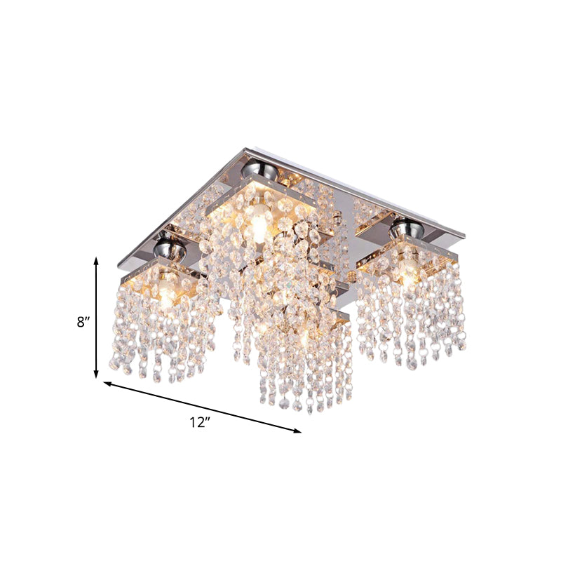Modern Cubic Ceiling Mount Light Fixture 4-Light Clear Crystal Chain Flush Mount for Living Room Clearhalo 'Ceiling Lights' 'Close To Ceiling Lights' 'Close to ceiling' 'Flush mount' Lighting' 988478