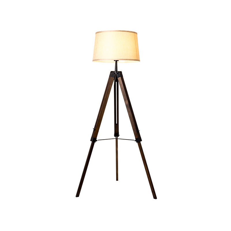 Fabric Barrel Floor Reading Lamp Simplicity Single Head Wood/Distressed Wood Tri-Leg Standing Light Clearhalo 'Floor Lamps' 'Lamps' Lighting' 988625