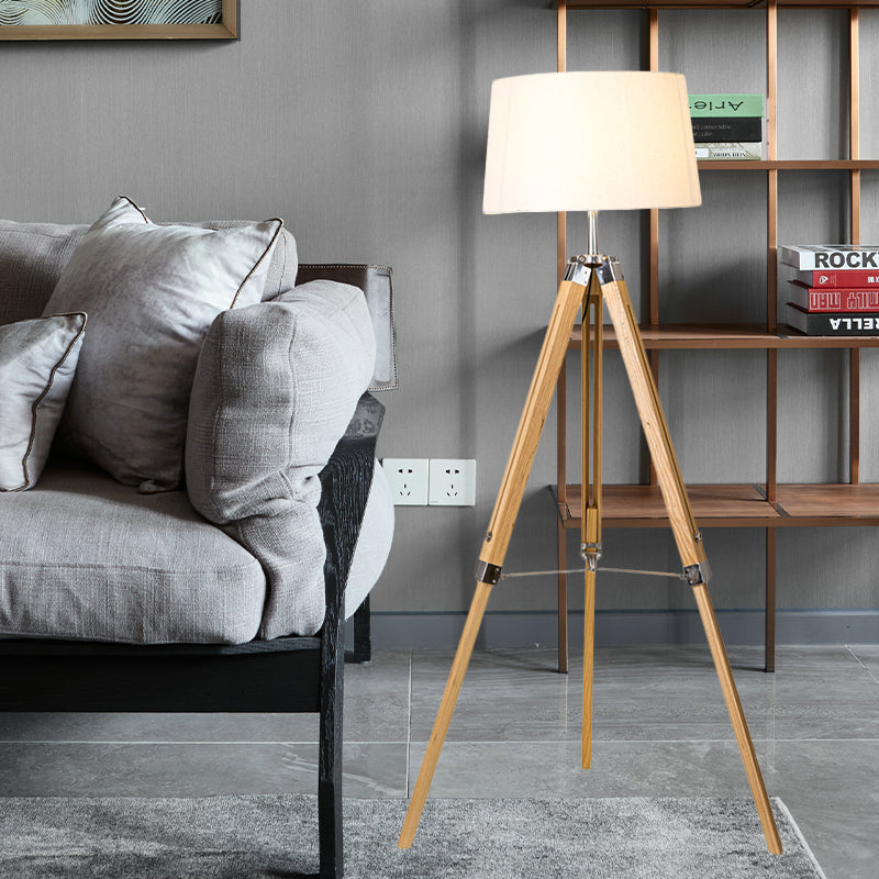 Fabric Barrel Floor Reading Lamp Simplicity Single Head Wood/Distressed Wood Tri-Leg Standing Light Clearhalo 'Floor Lamps' 'Lamps' Lighting' 988629